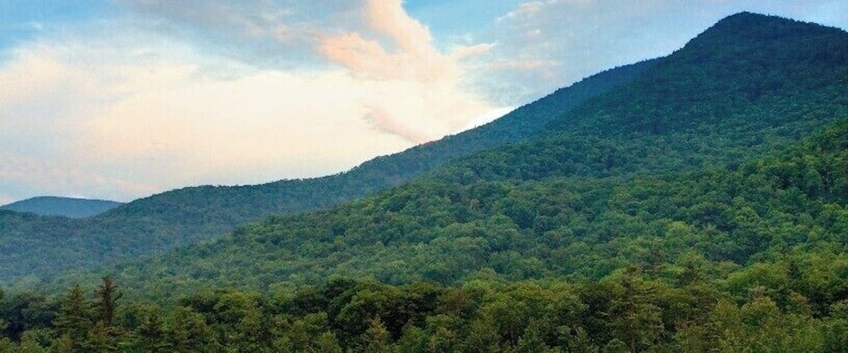 A mountain with a lake in the foreground and a forested hill in the background.