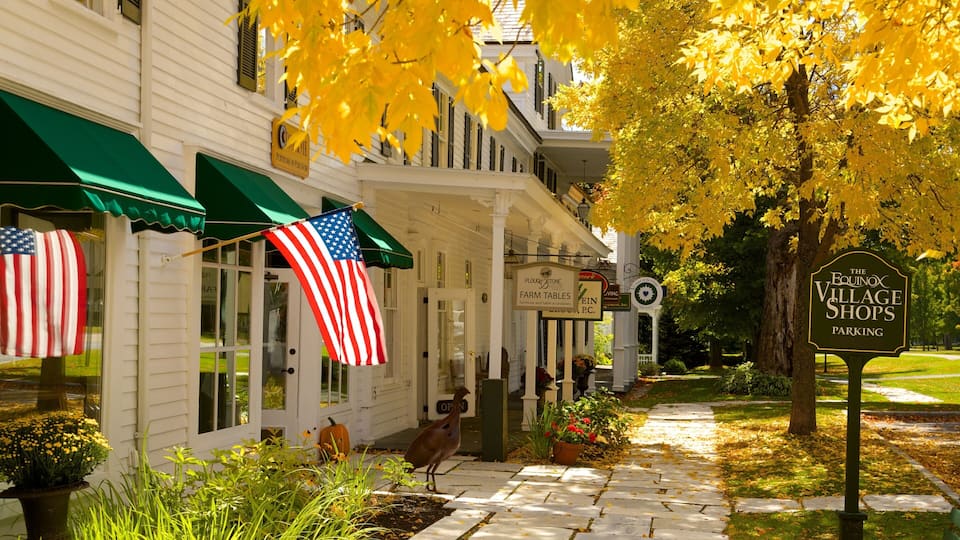 A white building with green awnings and an American flag. There is a sign for Plough & Stone Farm Tables and The Equinox Village Shops.