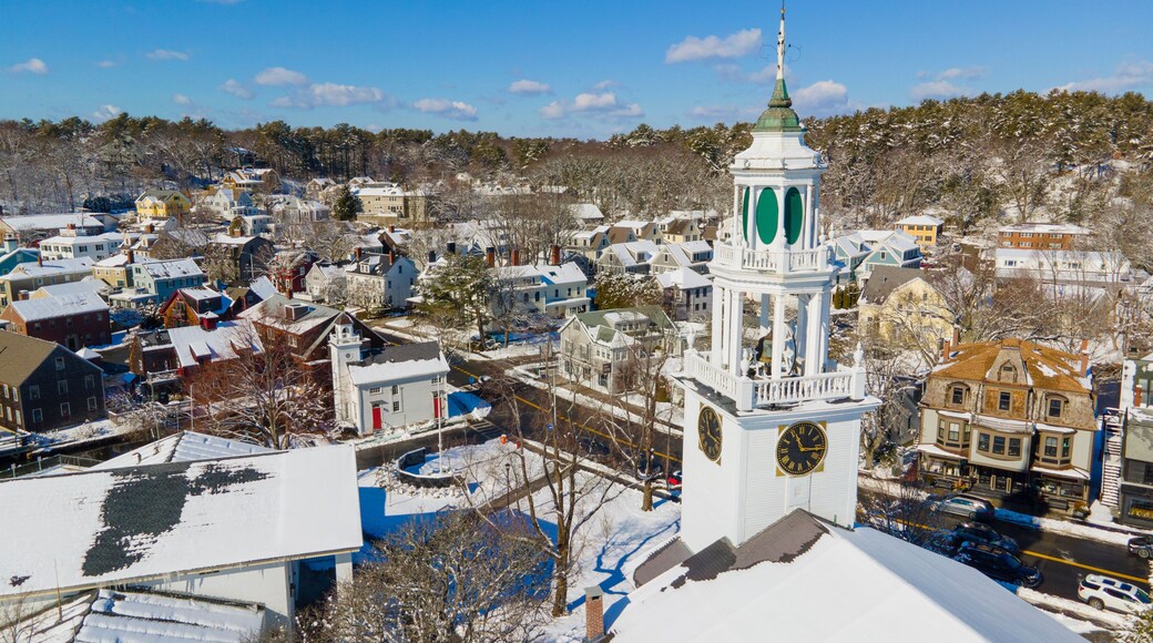Manchester historic town center and harbor aerial view including First Congregational Church and Town Hall in winter, Manchester by the sea, Cape Ann, Massachusetts MA, USA.