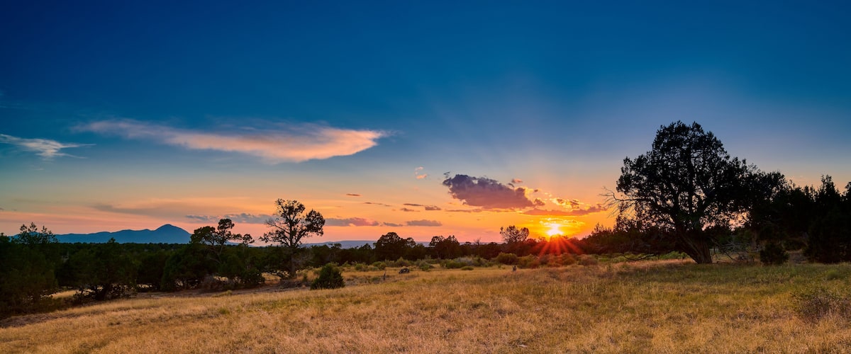 A sunset over a grassy field with trees and mountains in the background.