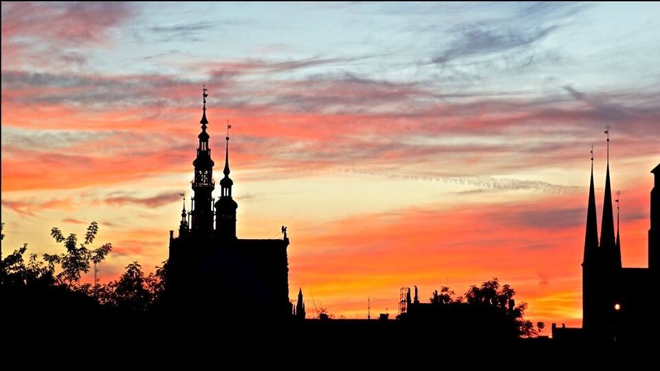 The silhouette of cathedrals during a beautiful sunset in the former free city of Danzig