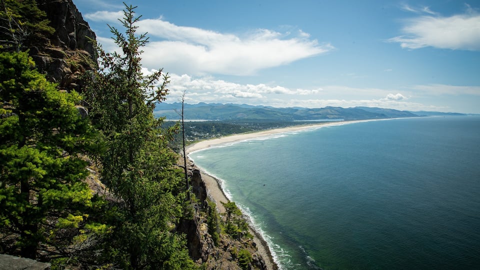 A coastal landscape with a beach, rocky cliffs, and a clear sky.