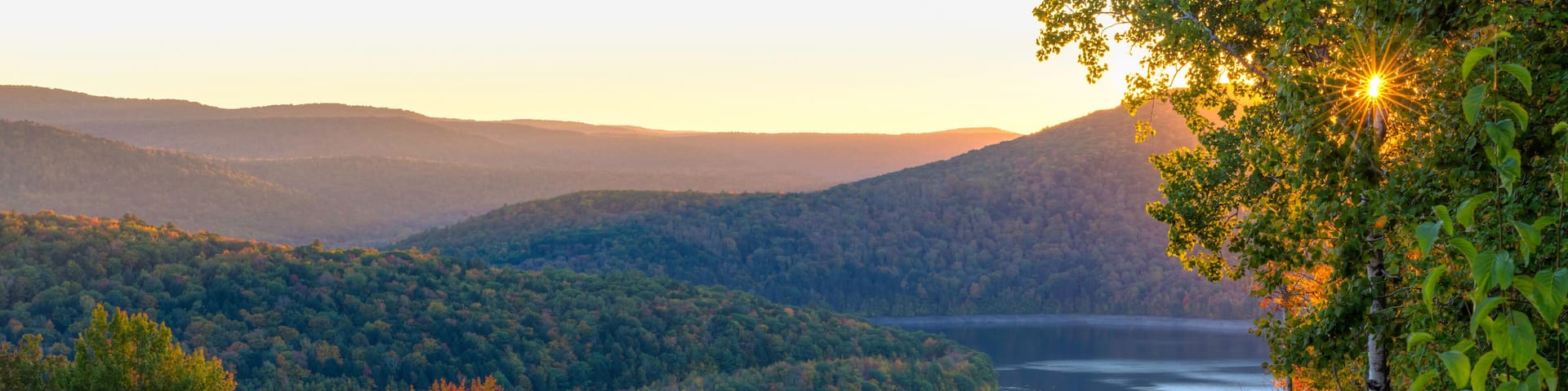 A river winding through a forested valley with hills in the background.