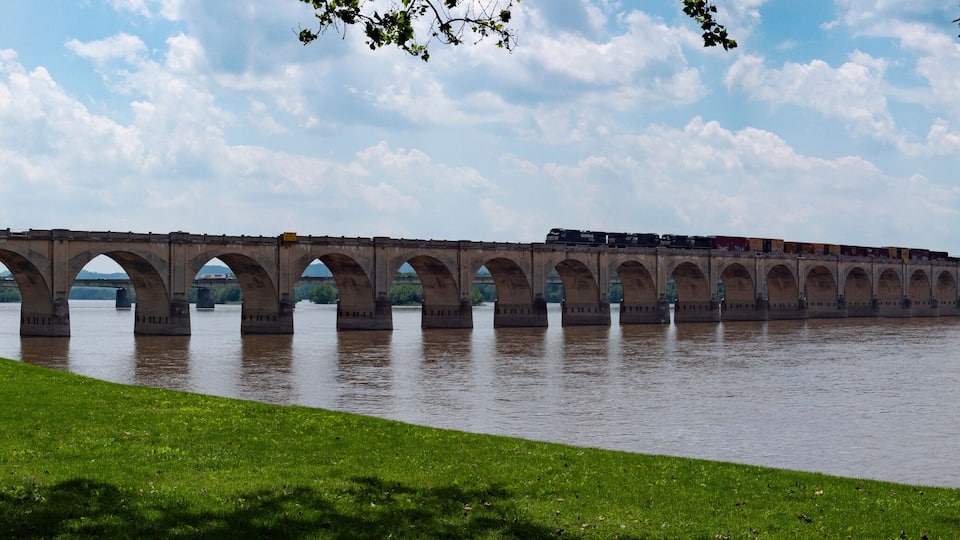 A long bridge spanning a river with multiple arches, a train crossing it, and a grassy bank with trees.