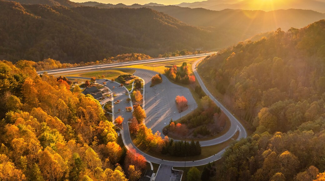Large rest area on I-26 interstate freeway in North Carolina near Mars Hill for cars and trucks overnight parking. Recreational place during long traveling
