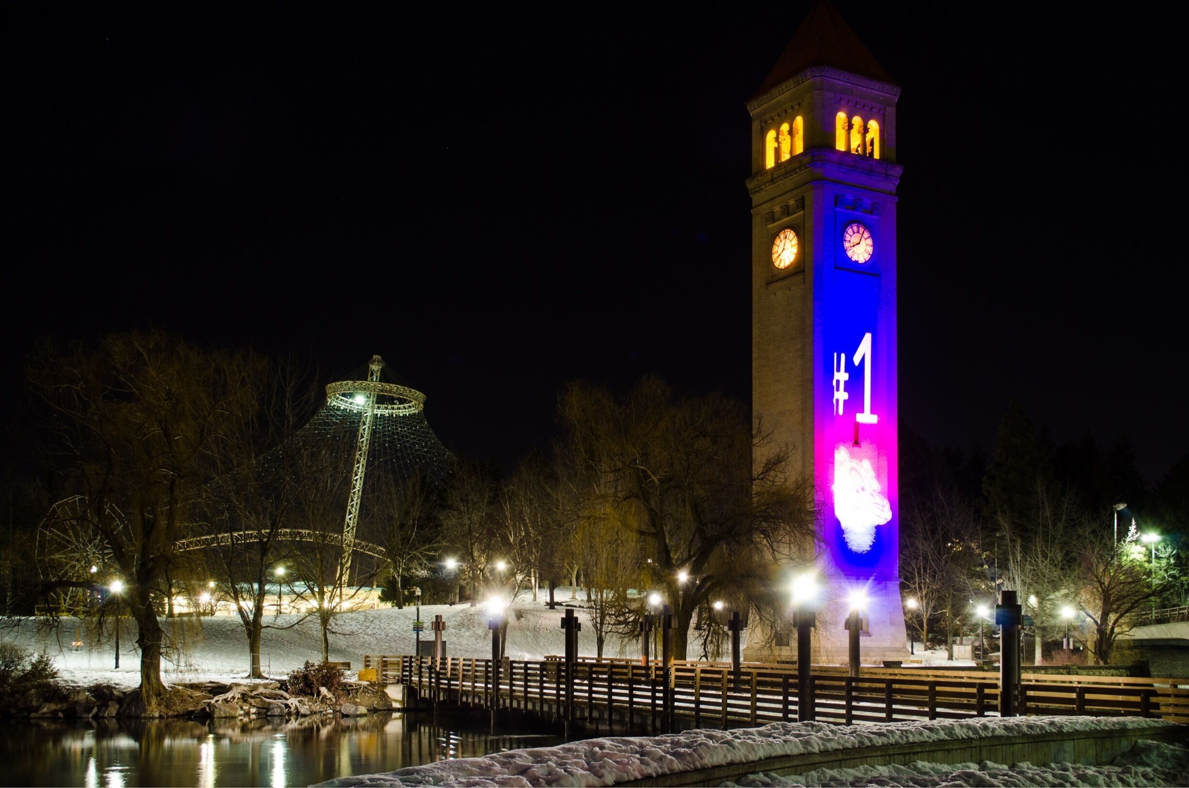 The famous clock tower is now lit up with a tribute to our Gonzaga Bulldogs who are now number one on the country and undefeated.