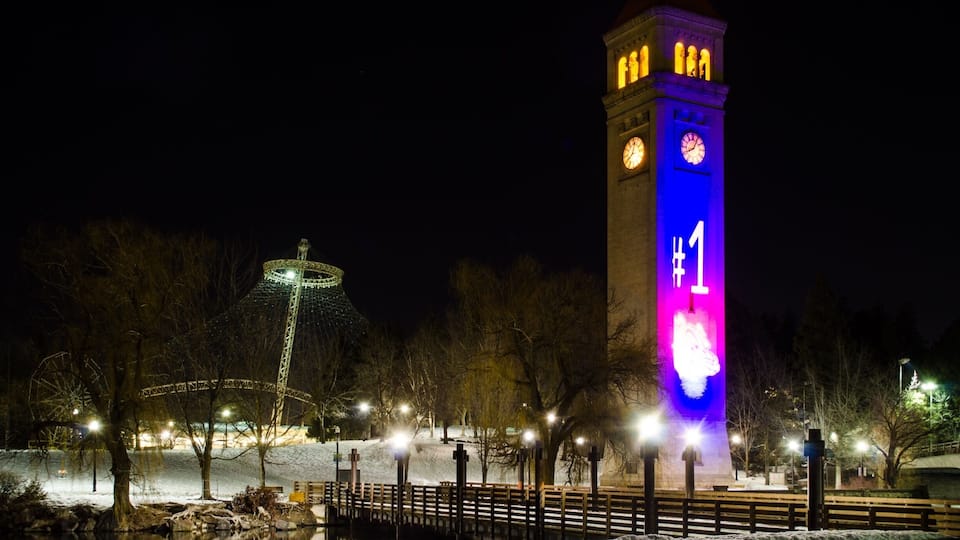 The famous clock tower is now lit up with a tribute to our Gonzaga Bulldogs who are now number one on the country and undefeated.