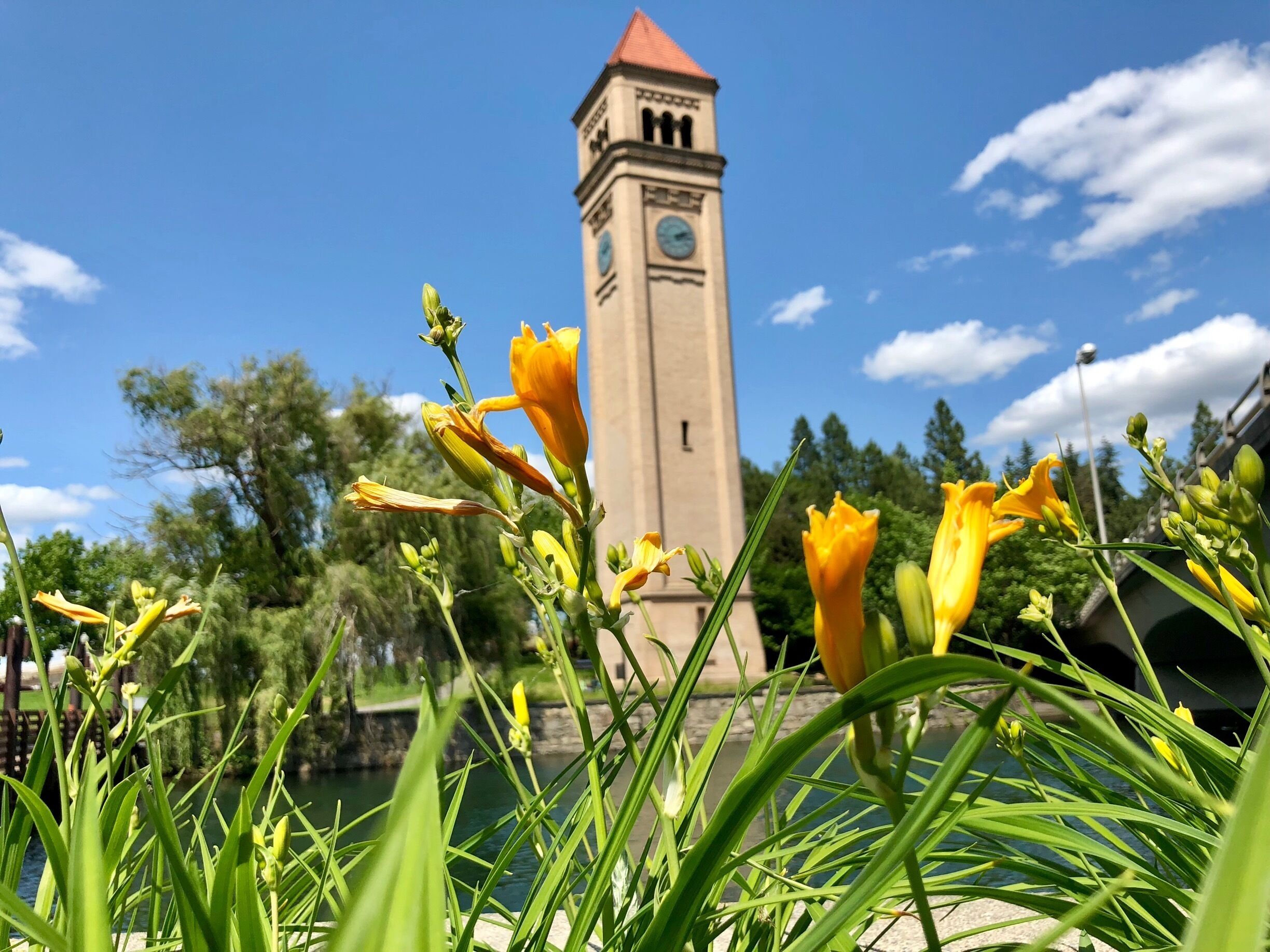 The location of the park is an old railway yard. It was cleaned up and turned into a park for the World Exposition of 1974. Today all that remains of its early years is this railway clock tower. 