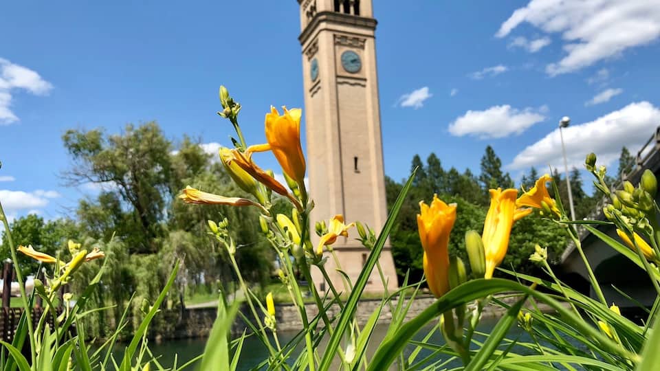 The location of the park is an old railway yard. It was cleaned up and turned into a park for the World Exposition of 1974. Today all that remains of its early years is this railway clock tower.