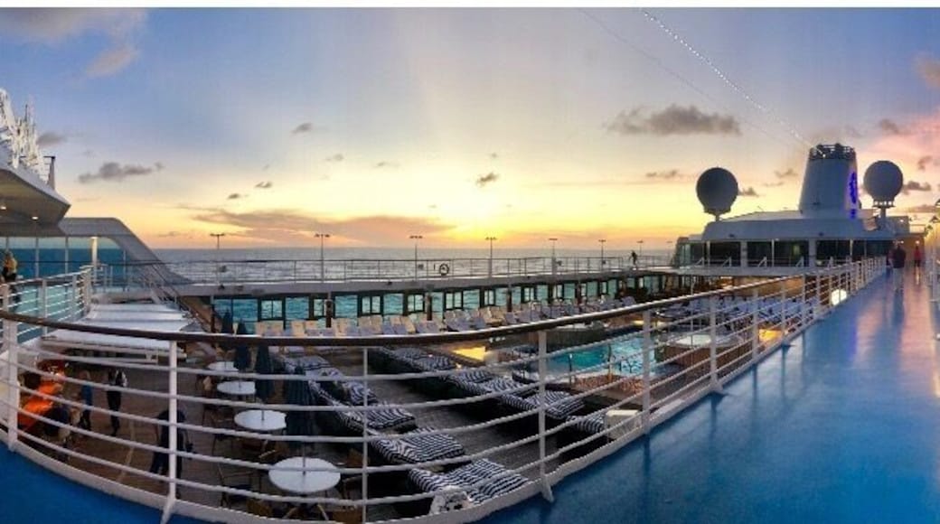 Our cruise continues south as we pass Guyana on our way to Brazil. Lovely sunset yet again this evening that I was able to catch in a panoramic shot from the jogging track on the tenth floor.