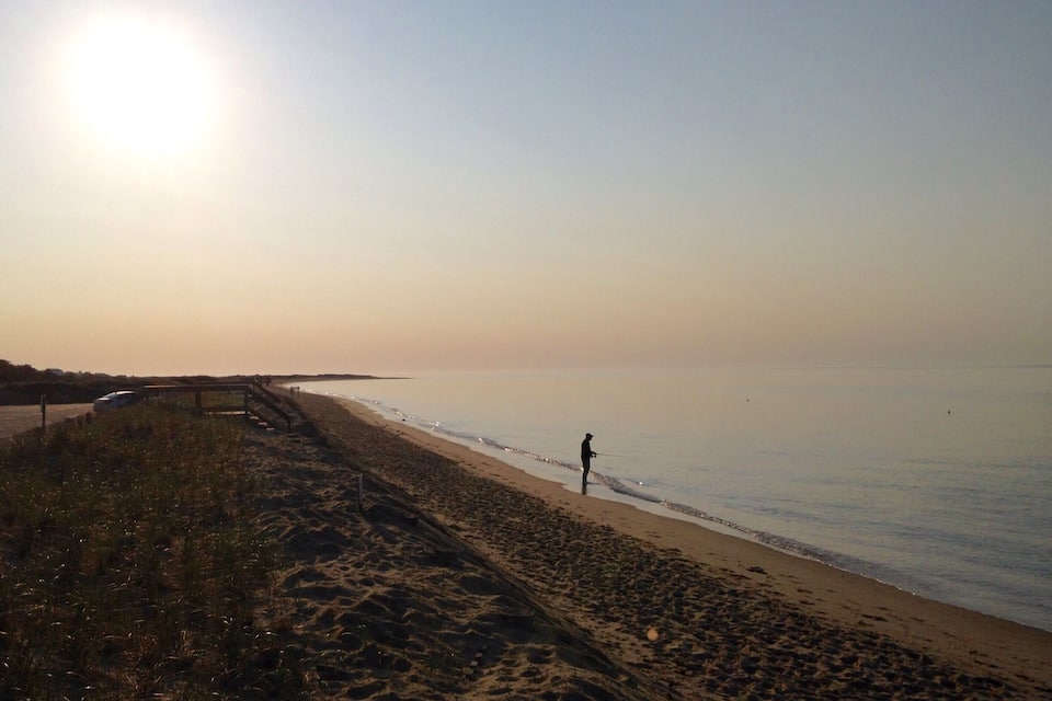 Una playa con una persona de pie cerca de la orilla, un pasillo de madera y cielo despejado.