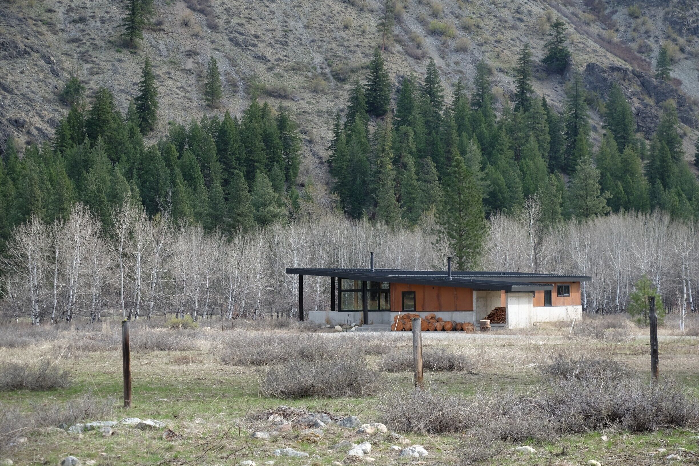 The Methow Valley is a good place to admire modern cabin architecture.  Concrete and rusted steel are the materials of choice.