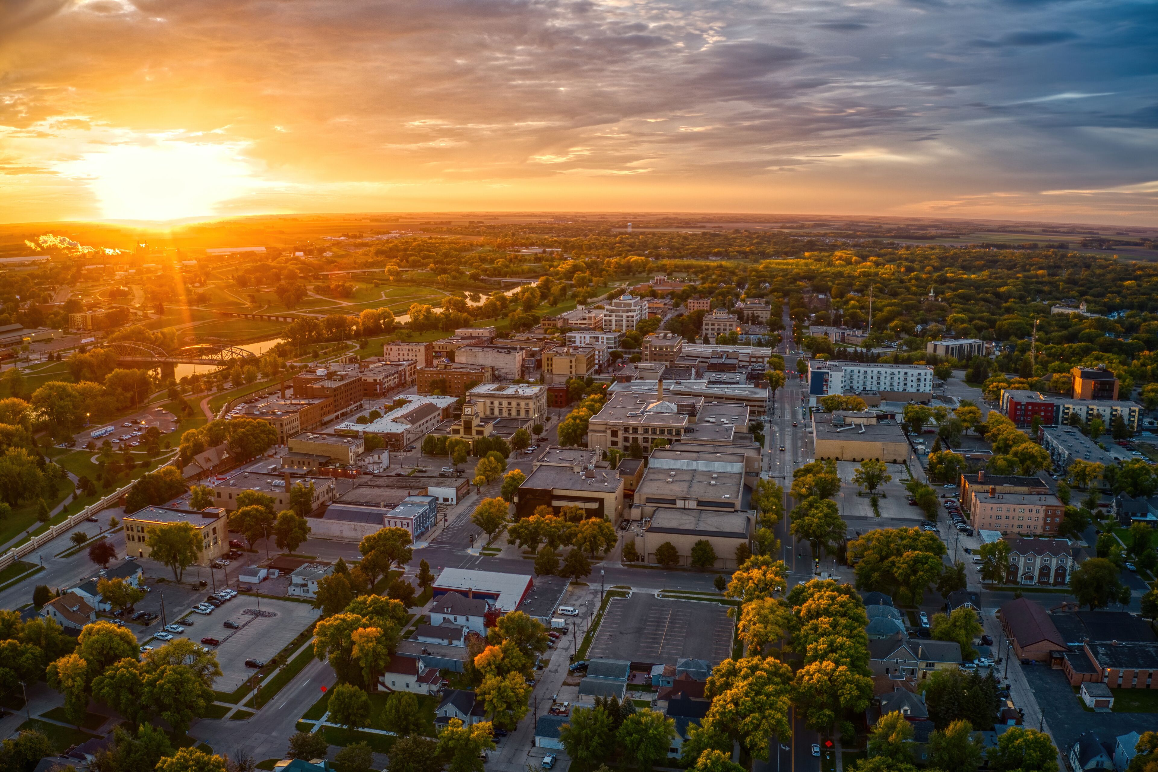 Aerial View of a Sunrise over Grand Forks, North Dakota