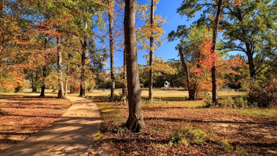 Autumn Path In An East Texas Park with an oil derrick in the distance
