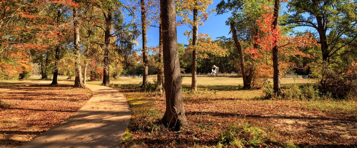 Autumn Path In An East Texas Park with an oil derrick in the distance