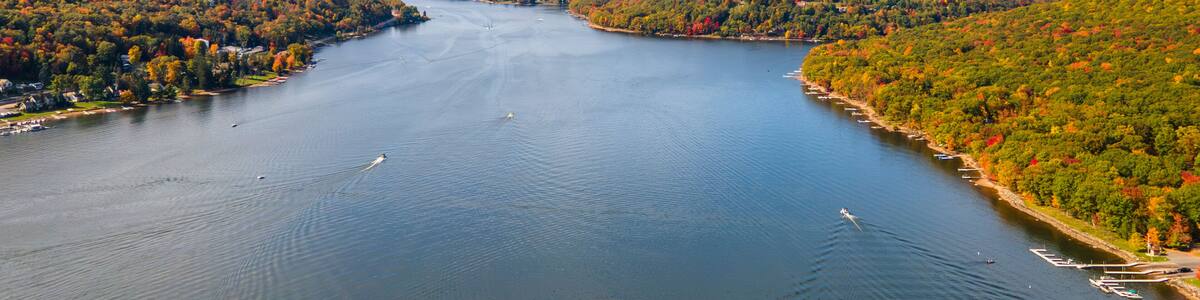 Aerial view of Deep Creek Lake in autumn in McHenry Maryland, United States.