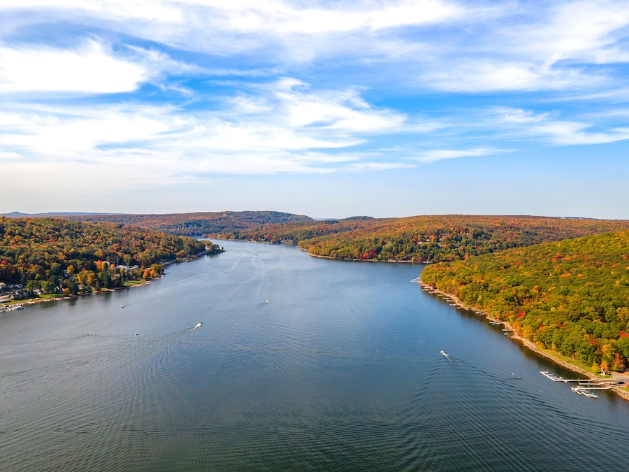Aerial view of Deep Creek Lake in autumn in McHenry Maryland, United States.
