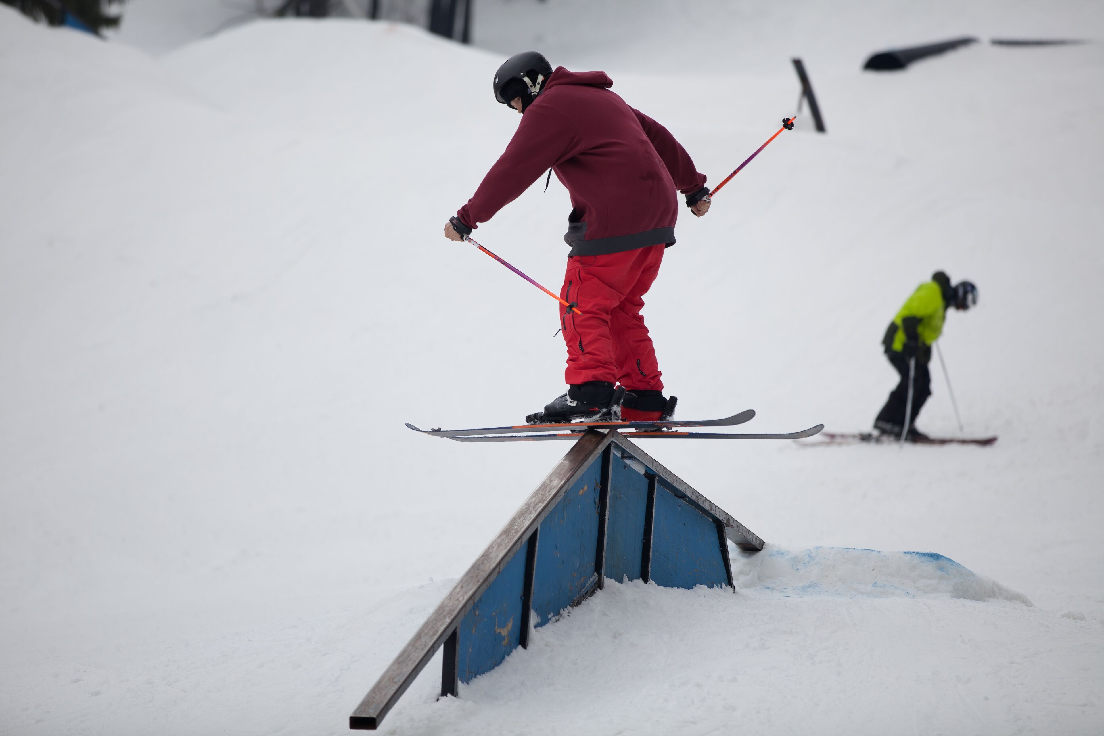 Snow Skiers at the Wisp Ski Resort in McHenry, Maryland Completing Skill Maneuvers during the Maryland Open Freestyle Ski Competition.