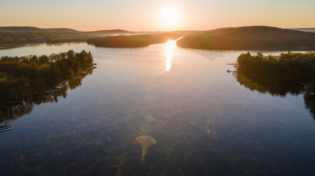 Aerial view of the sunrise over Deep Creek Lake in McHenry Maryland, United States.