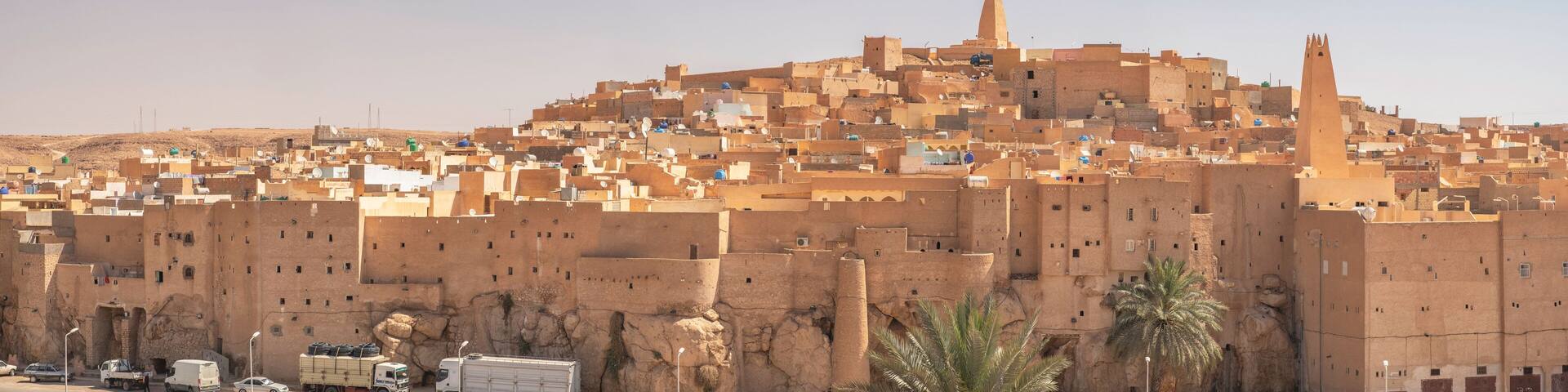 A densely packed city with traditional architecture, including a prominent tower and fortified walls.