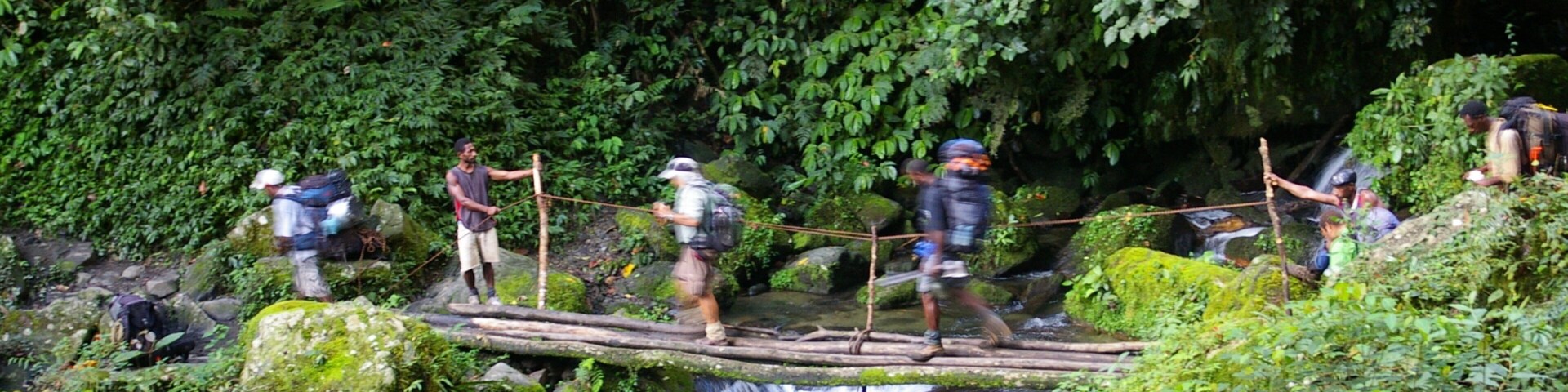 A group of people crossing a wooden bridge over a waterfall in a forested area.