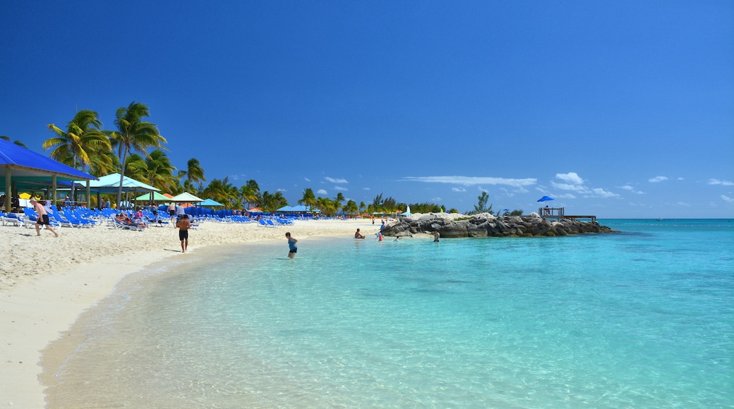 A beach with clear turquoise water, white sand, and palm trees.