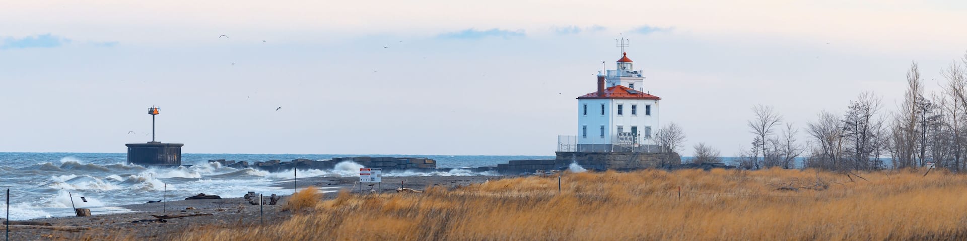 A coastal landscape with a lighthouse, waves crashing against a breakwater, and a field of tall grass.