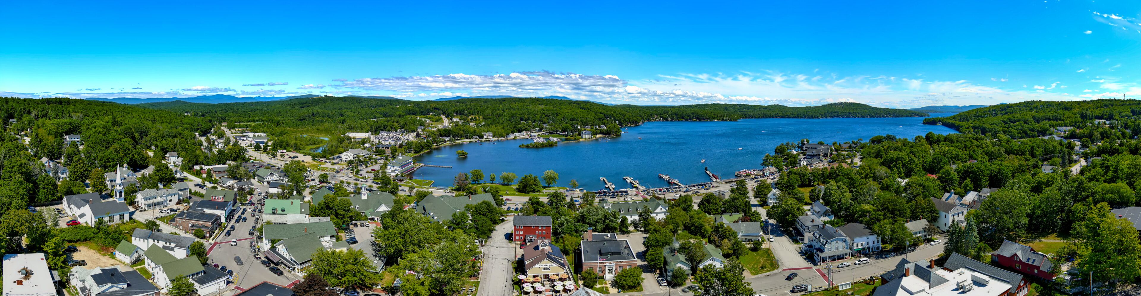 Aerial panorama of Meredith, Belknap County, New Hampshire and Lake Winnipesaukee.
