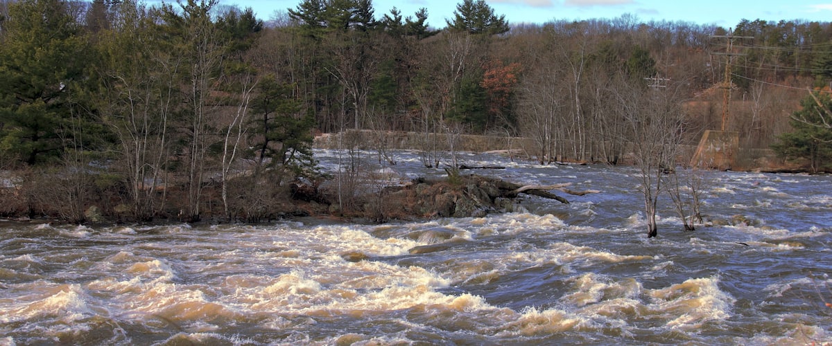 A turbulent river surrounded by dense forest and a cloudy sky.