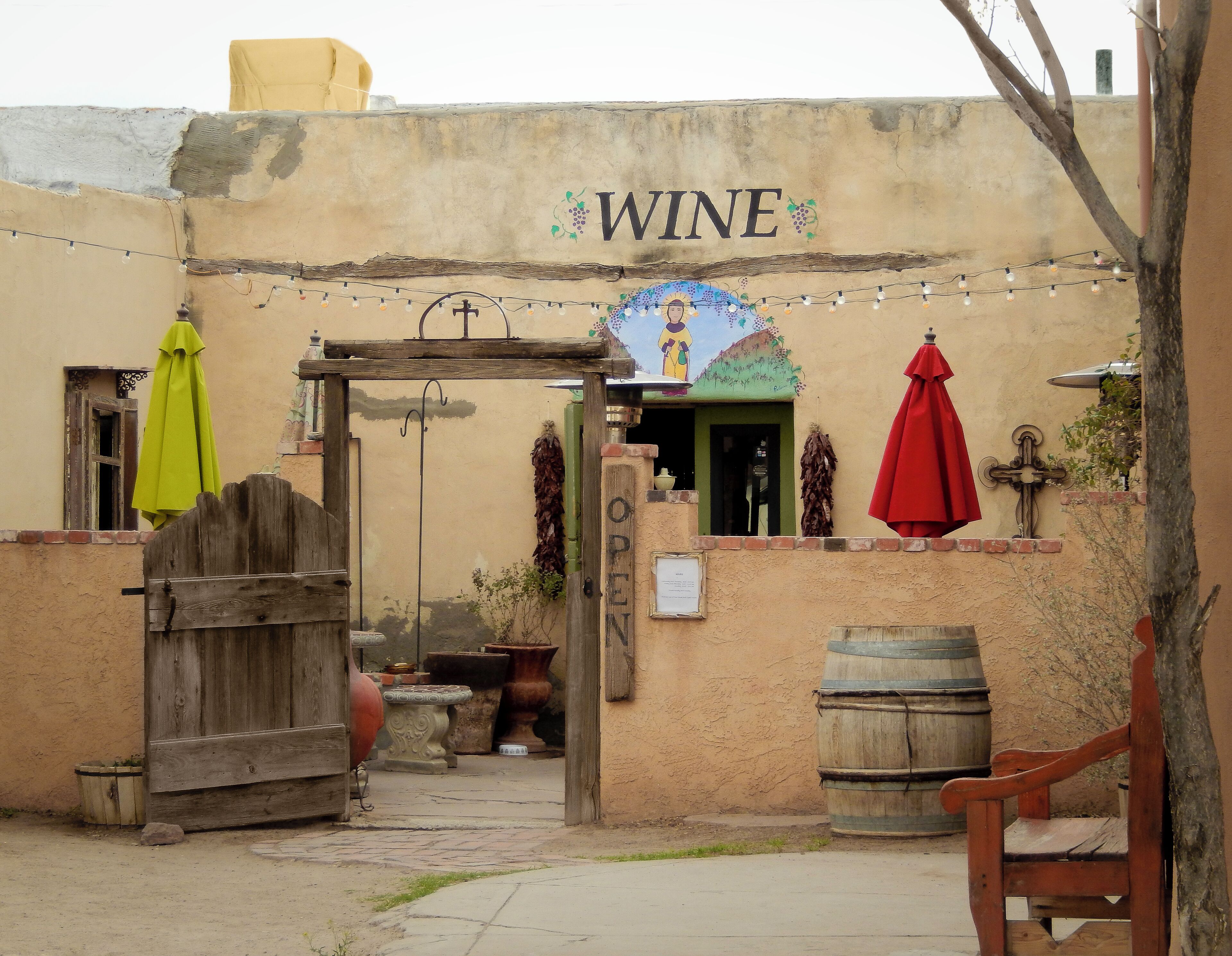 One of the quaint spots in Mesilla, NM to relax and enjoy a glass of wine while enjoying live music on the weekends.  

Photo was taken on a very gloomy day.  