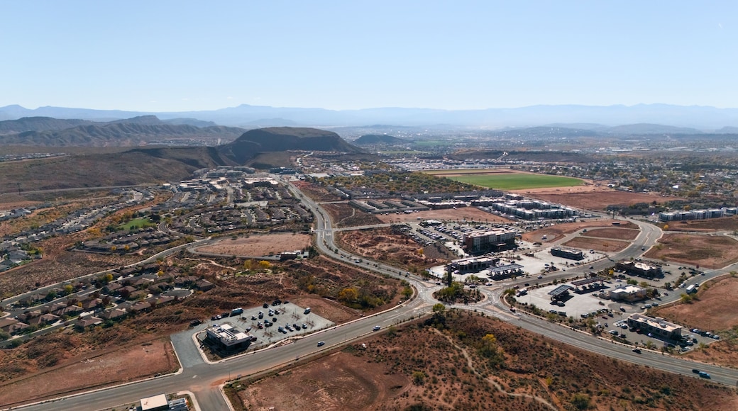 Aerial of suburban neighborhood and highway near Mesquite Nevada