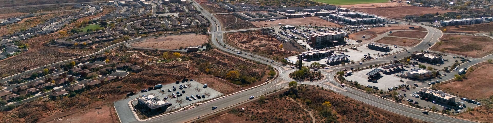 Aerial of suburban neighborhood and highway near Mesquite Nevada