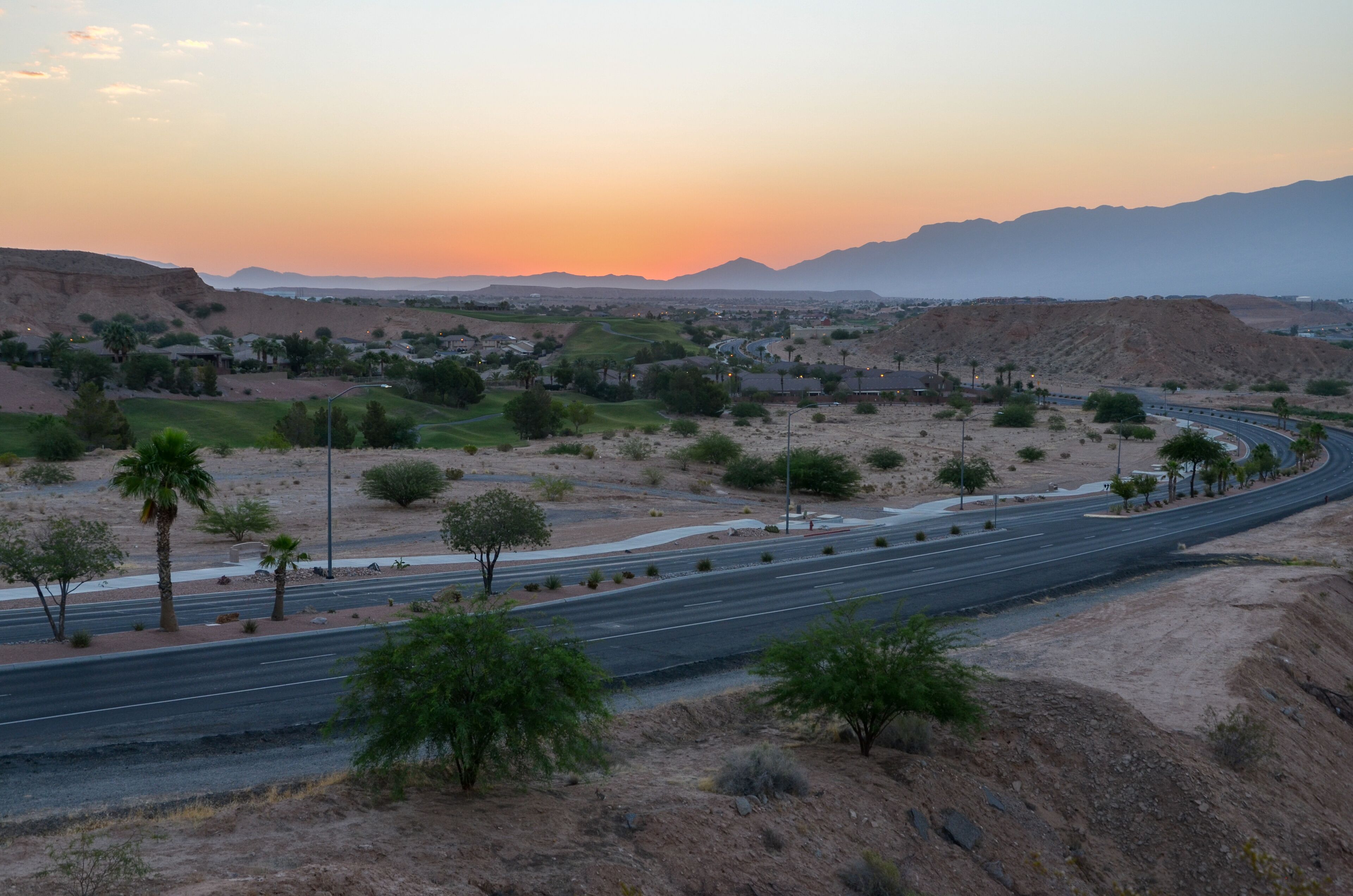 Virgin Mountains at sunrise view from Pioneer Boulevard in Mesquite, NV 