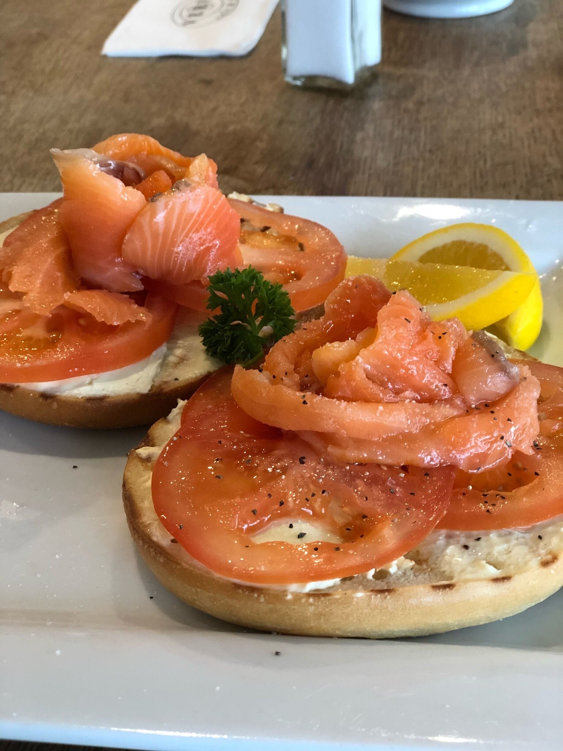 Salmon and tomato bagels - super fresh and tasty. 