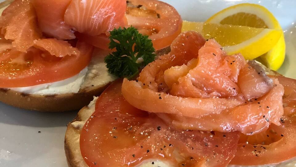 Salmon and tomato bagels - super fresh and tasty.
