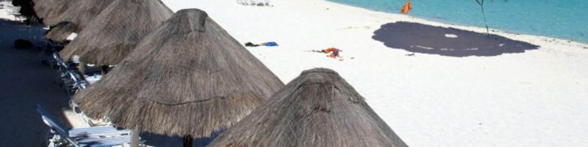 Beach and parasailing parachute, Hotel Zone, Cancun, Mexico