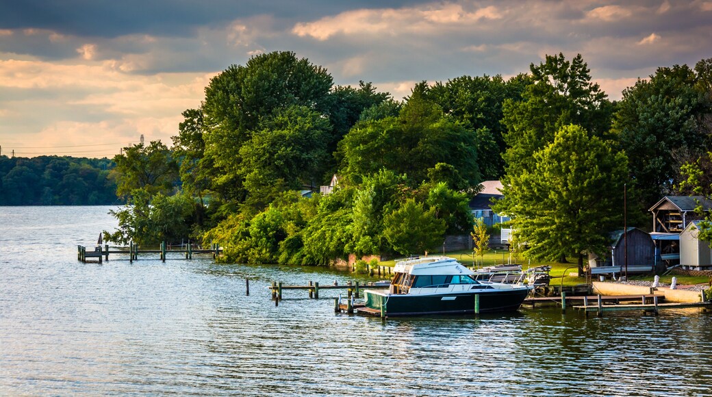 Boats and docks along the Back River in Essex, Maryland.