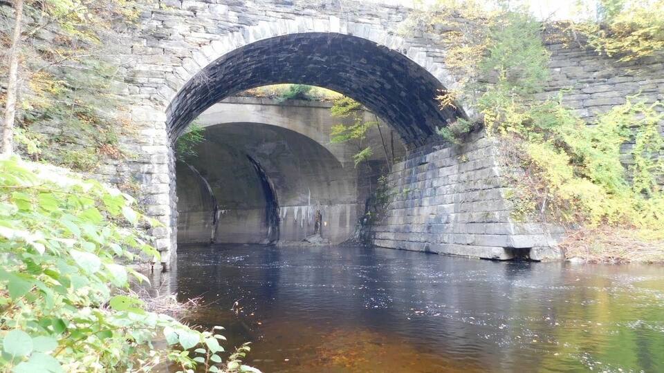 A stone bridge over a river with greenery on the sides.