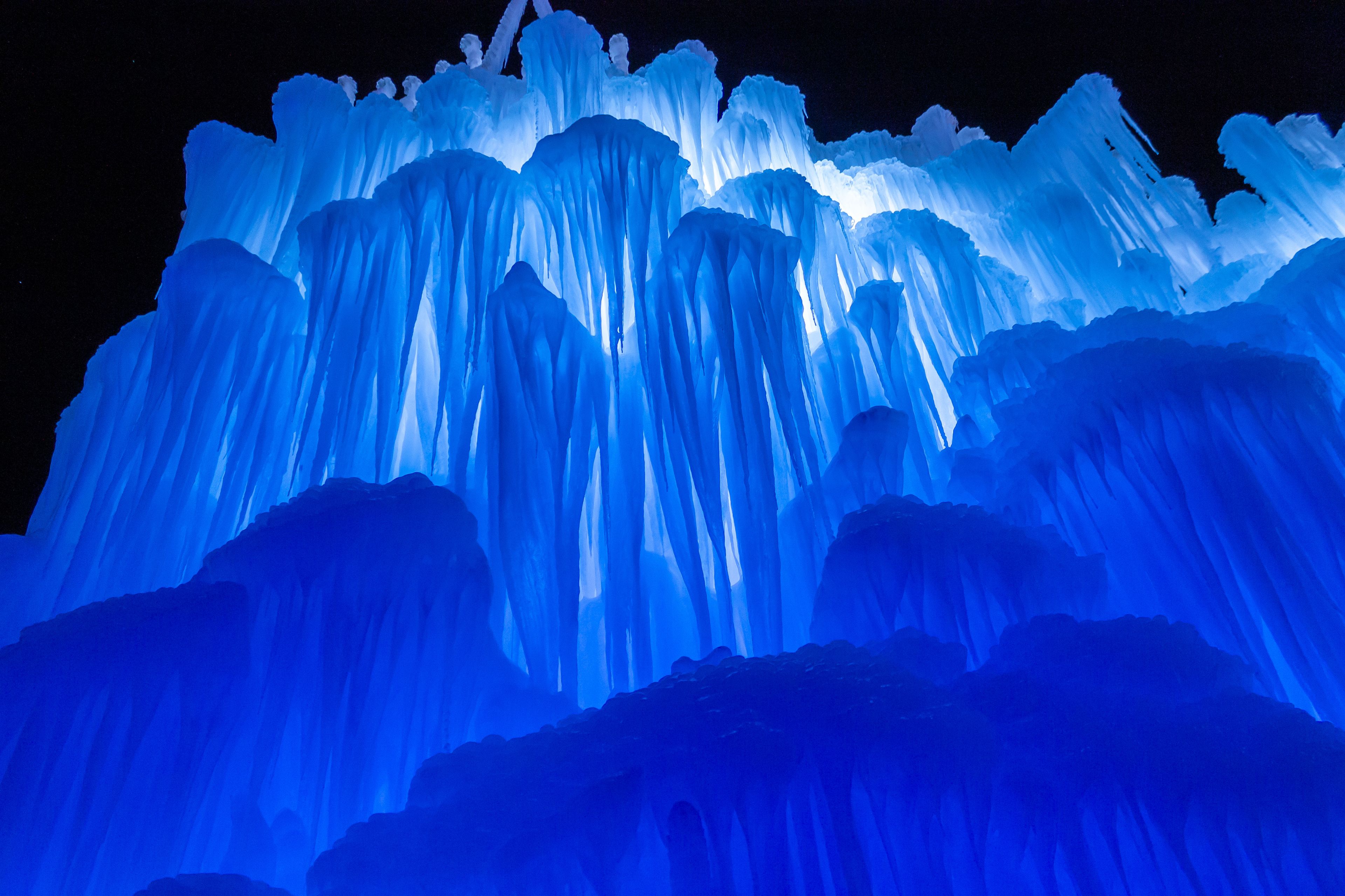 Low angle view of the Ice Castle with night illumination, Utah, U
