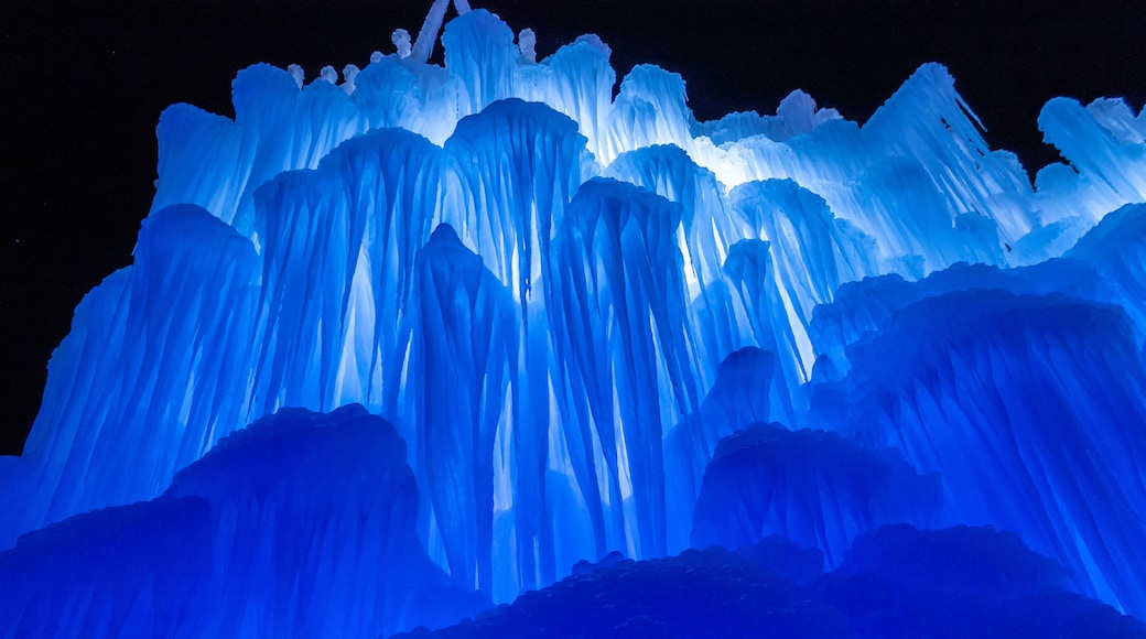 Low angle view of the Ice Castle with night illumination, Utah, U
