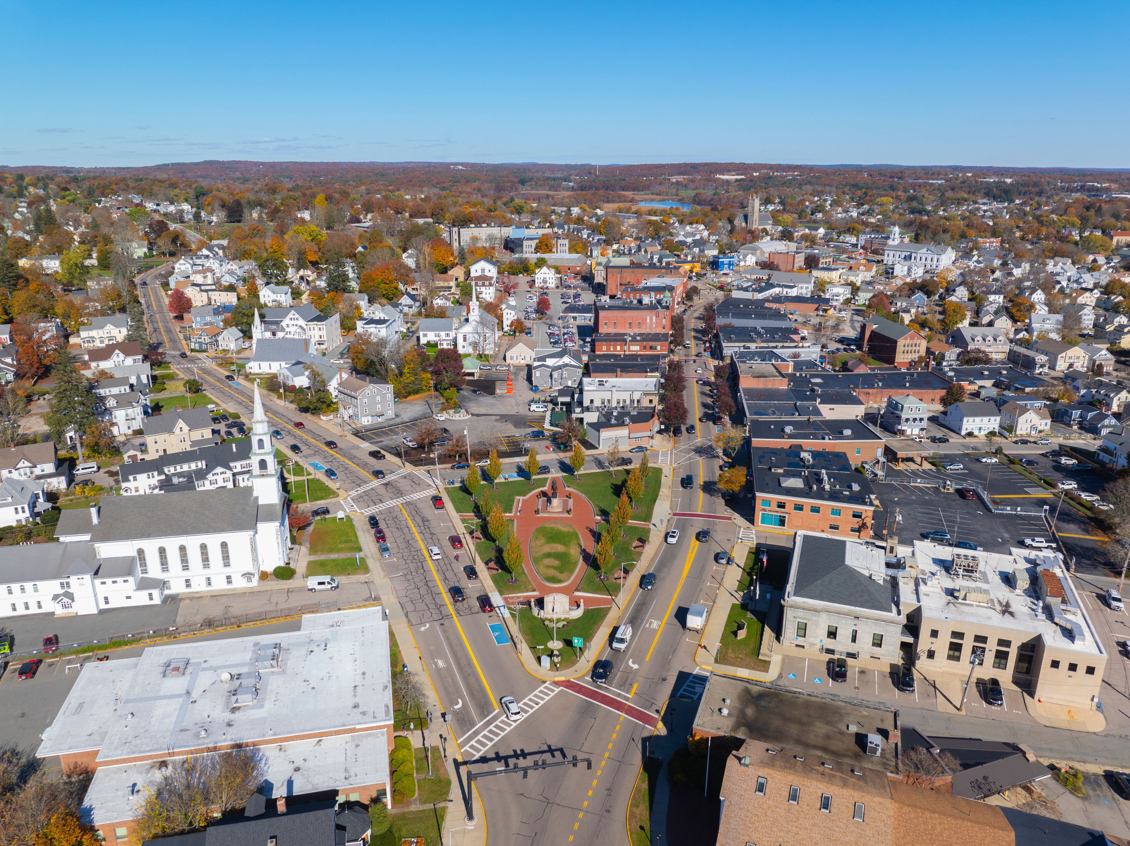 First Congregational Church aerial view in fall at Draper Memorial Park at 4 Congress Street in historic town center of Milford, Massachusetts MA, USA. 