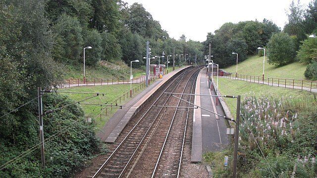 Trilhos de trem com linhas de energia aérea, cercados por vegetação e um talude gramado.