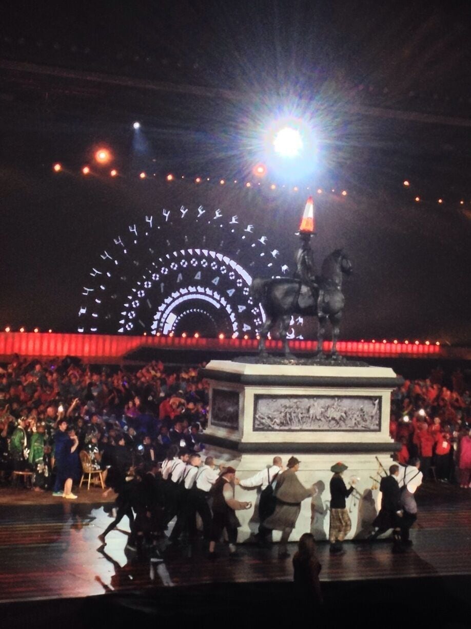 Commonwealth Games opening ceremony. The famous Glasgow landmark of the Duke of Wellington statue complete with traffic cone on head makes it appearance.