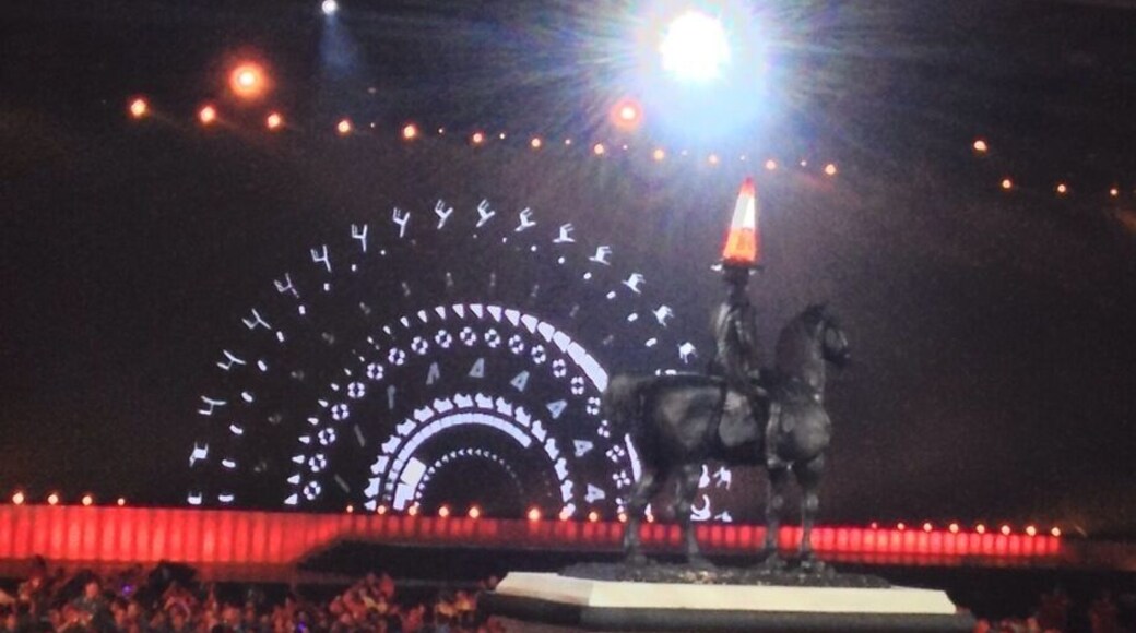 Commonwealth Games opening ceremony. The famous Glasgow landmark of the Duke of Wellington statue complete with traffic cone on head makes it appearance.