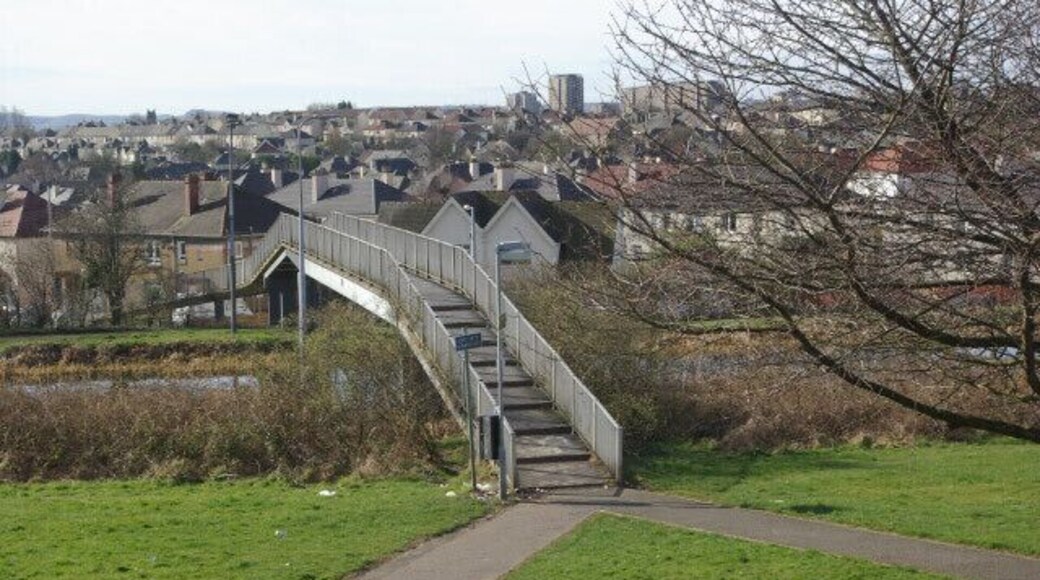 Forth and Clyde Canal, Westerton Showing the footbridge over the canal just south of Westerton station. Spread out beyond are the north Clyde suburbs.