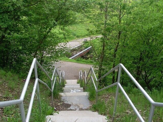 Steps into Darnley Mill Country Park From Waulkglen Road. Looking to the bridge over the Brock Burn which appears in the First Geograph image in this square.