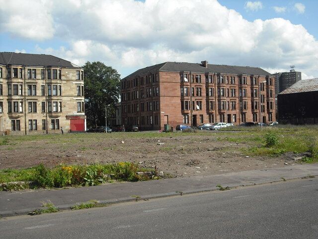 View towards Clynder Street Tenements of different coloured sandstone.