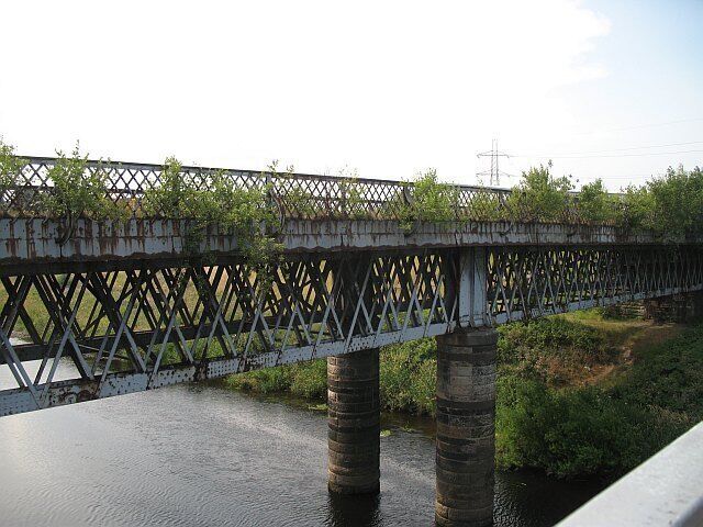 Cambuslang Bridge Disused bridge over the Clyde, now sprouting saplings. View from the bridge carrying the Clyde Walkway.