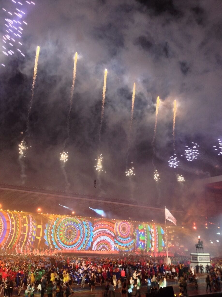 Commonwealth Games opening ceremony. Fireworks hitting the sky. 