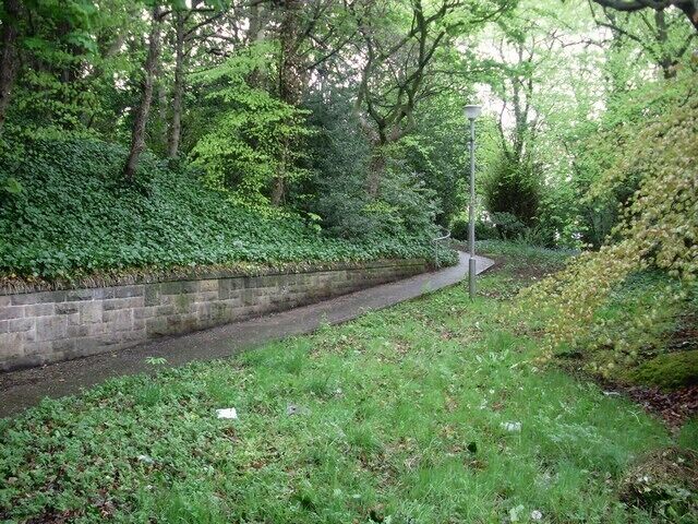 A narrow path beside a stone wall, surrounded by lush greenery and trees.